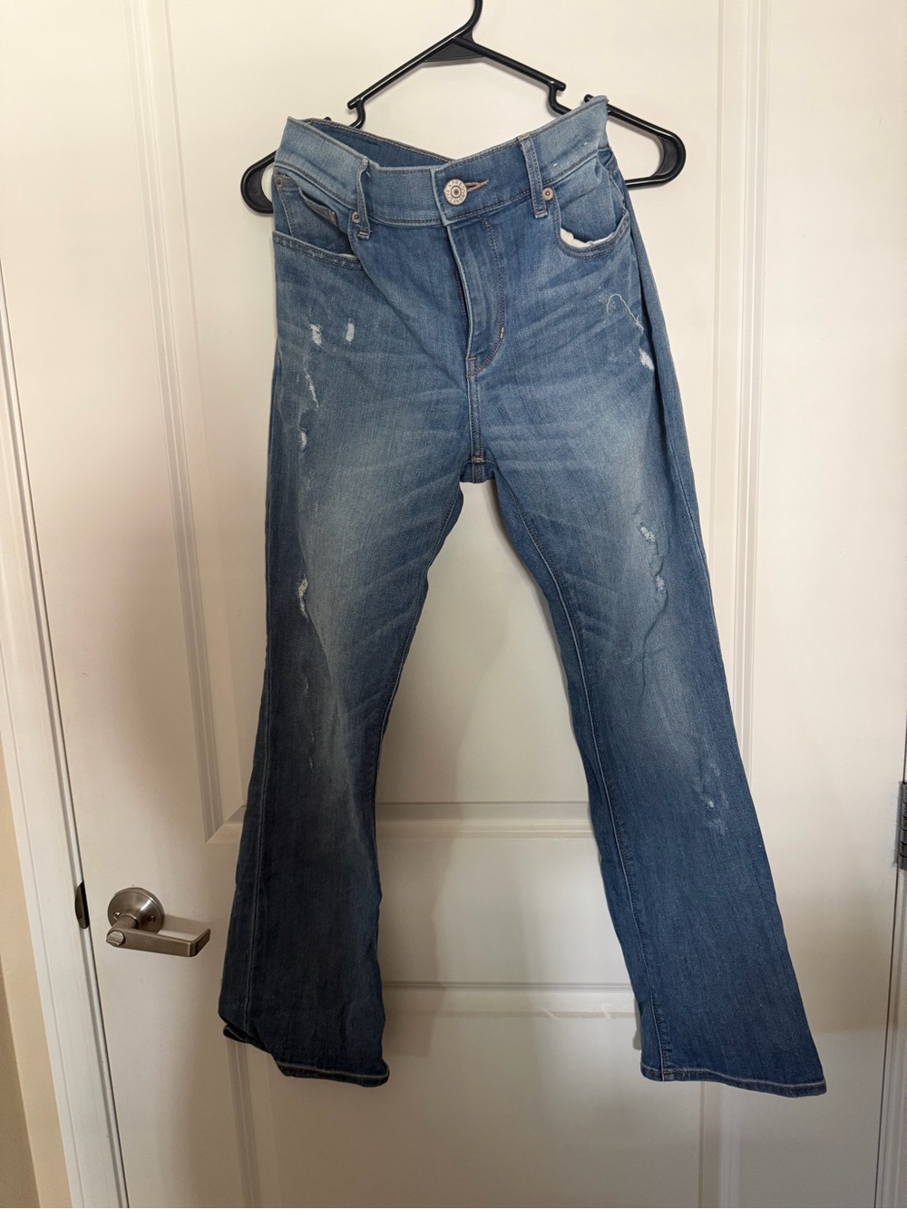 Express Women's Mid-Blue Bootcut Jeans with Light Distressing
